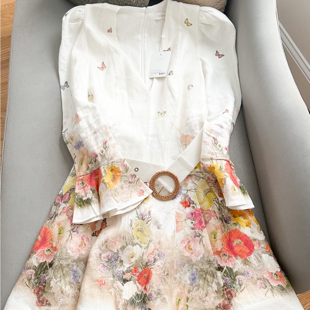 New! Zimmermann Tranquillity Butterfly Floral Linen Mini Dress - Picture 6 of 12
